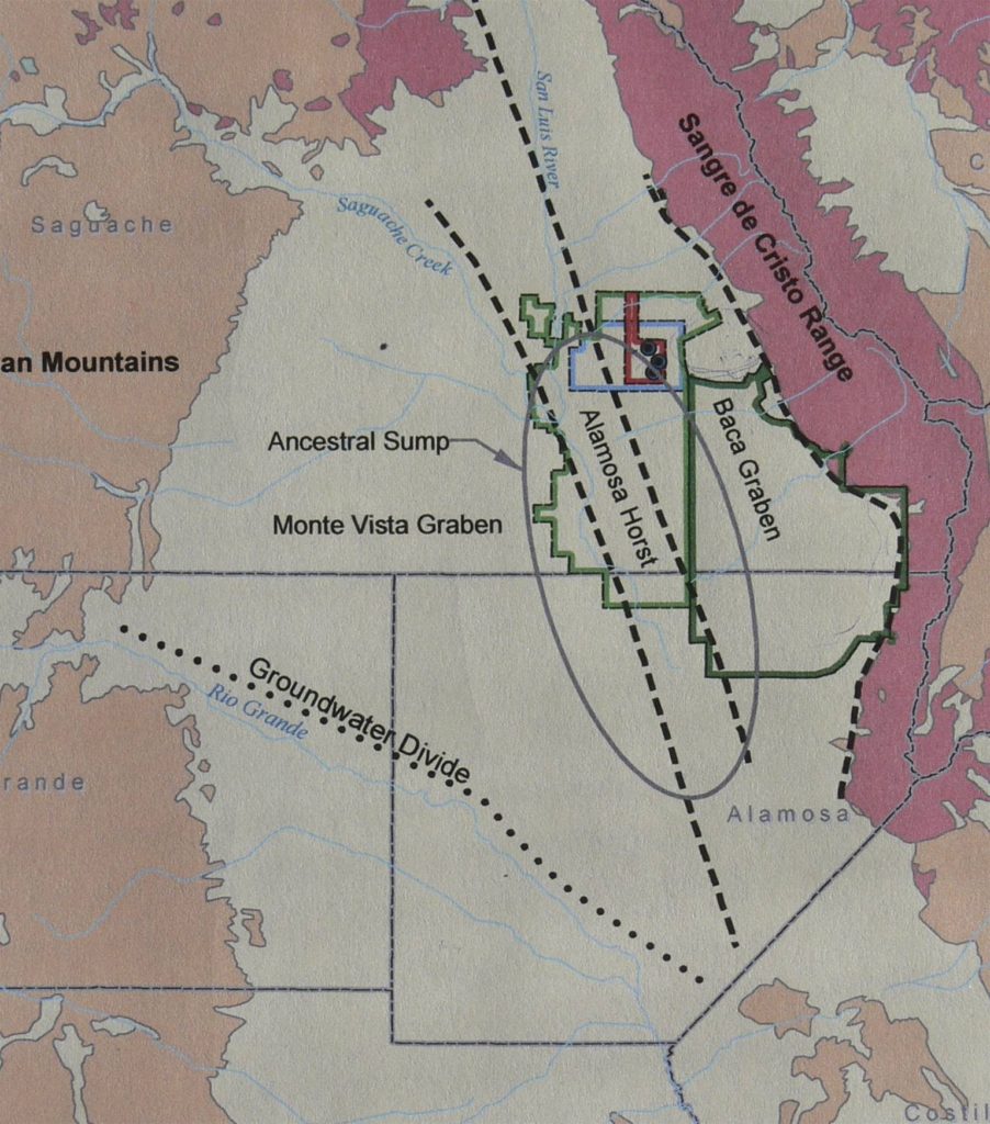 Figure 10. General Geology as in the Draft Environmental Assessment. Note they extend the Baca Graben east to the mountain front and that it includes the Baca Grande community as well the Great Sand Dunes National Park and Preserve.