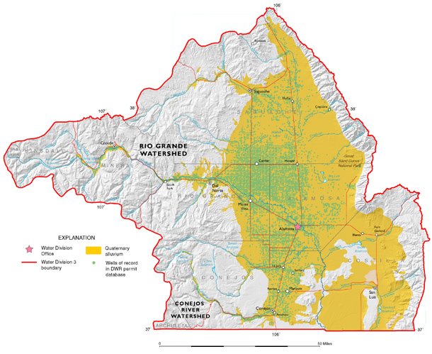 Figure 12. Upper portion of the Rio Grande Basin, including the Closed Basin of southern Colorado (from the Ground Water Atlas of Colorado).  