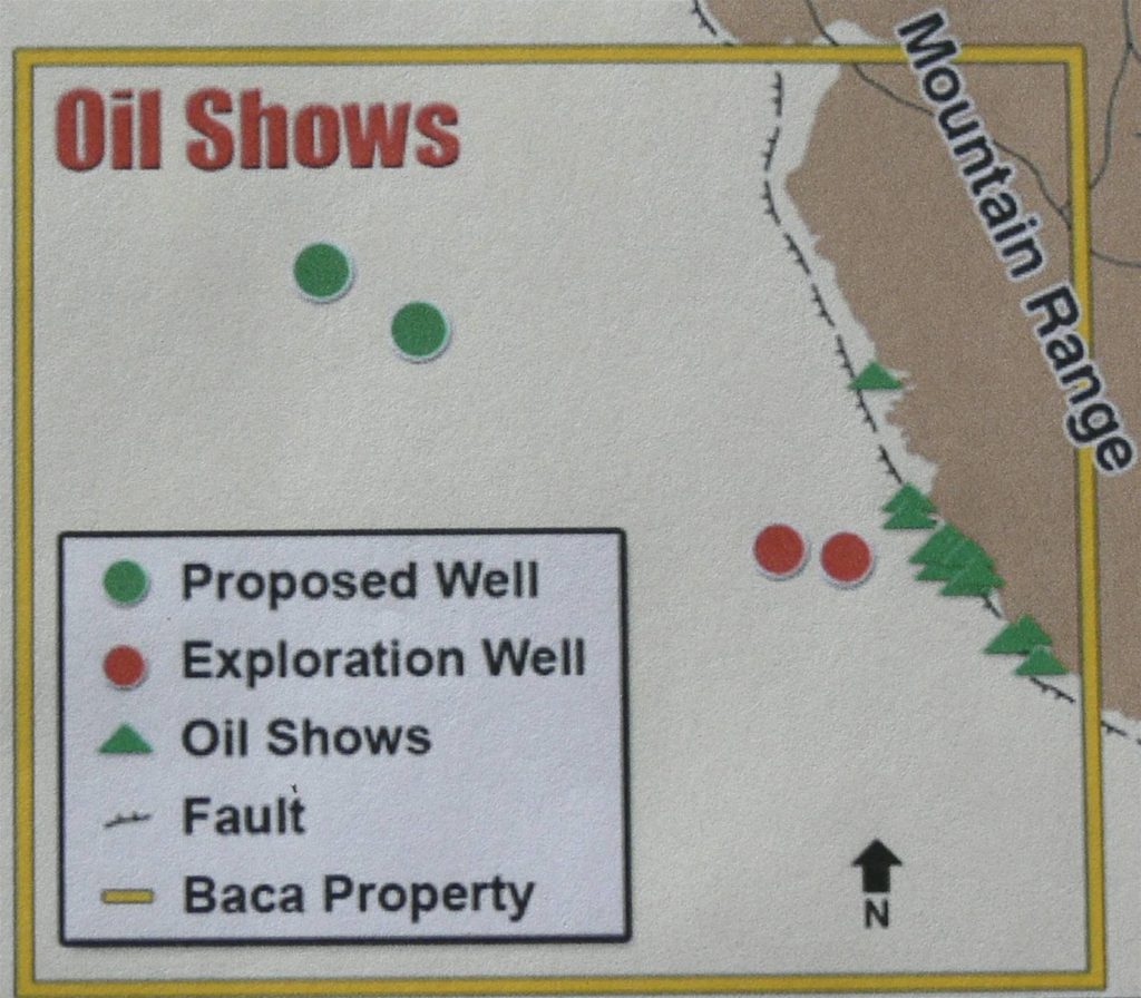 Figure 4. Location of "oil shows" (green triangles), Baca #1 and #2 wells (red circles) and proposed well locations (green circles) (from Lexam website).